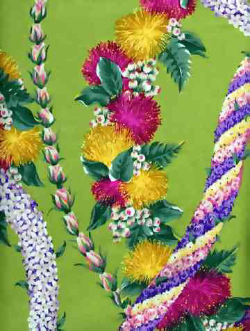 70lole Tropical Hawaiian lei flowers, cotton apparel fabric.