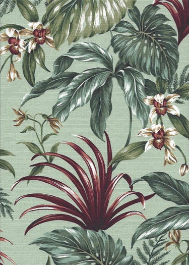 70mamaka Tropical Botanical Vintage Hawaiian Fabric Hawaiian Palm Fronds & Orchid flowers cotton barkcloth fabric.