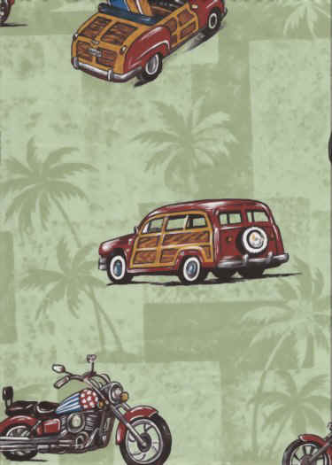 70pihi Tropical Hawaiian cotton apparel fabric with trucks, motorcycles & surfboards.