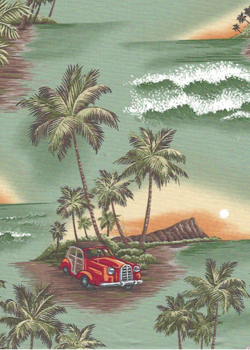 Scenic islands with views of Diamond Head, woody cars, hula girl playing an ukulele, palm trees, waterfalls, ferns, and a canoe.