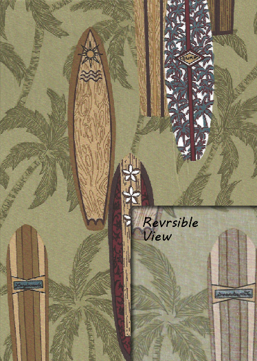 70surfsup Tropical Hawaiian Vintage surfboards, palmtrees, on a olive green cotton apparel fabric.
