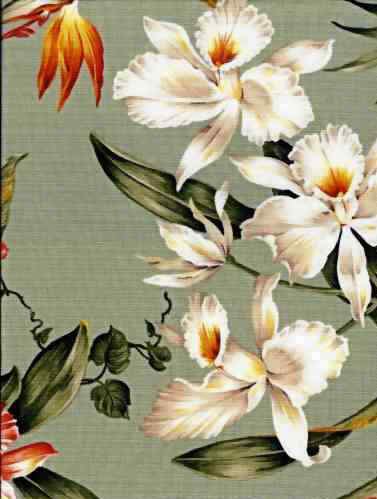 70waiakea Tropical Botanical Vintage Hawaiian Fabric Hawaiian orchid & bird of paradise flowers, cotton non-upholstery barkcloth fabric.