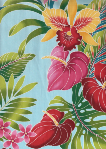 80'eu'eu Tropical Botanical Vintage Hawaiian Fabric -  plumeria,anthurium &orchid flowrers, apparel cotton Hawaiian vintage style fabric.