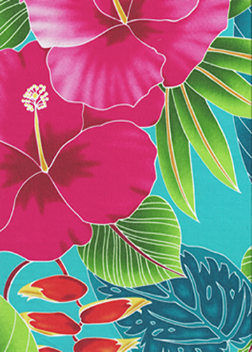 80ho' oni - Vintage Style Hawaiian Large scale, colorful hibiscus, heliconia, 
				and various tropical ferns and leaves, on a cotton poplin apparel fabric.