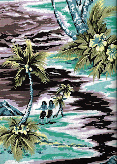 80isles Tropical Hawaiian Vintage Hula Girls, Diamond Head, palm trees, scenic print - on a cotton Hawaiian apparel fabric.
