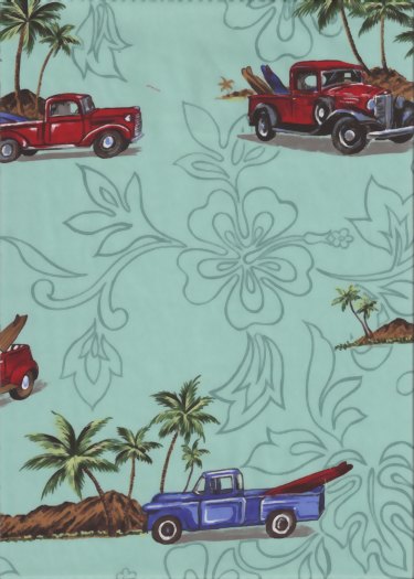 80kalaka Tropical Hawaiian Diamond Head, palms, surfboards & trucks on an aqua poplin apparel fabric..