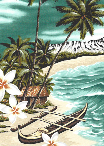 Luloni - Barkcloth Hawaii Fabrics - Vintage Style Hawaiian Fabrics. Hawaiian scenic print Scenic, diamond head, straw huts, canoes, plumeria (frangipani), palm trees, and ocean.