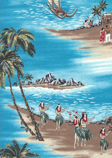 80nanaina Tropical Hawaiian scenic ocean fabric with hula, palm trees, and boats,, cotton apparel fabric. retro fabric, cotton apparel fabric.