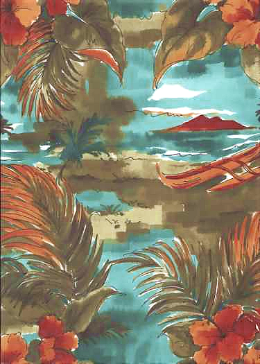 80noi Tropical Hawaiian Diamond Head, Hula Huts and canoes on a gray cotton apparel fabric.