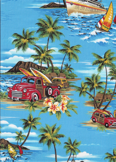 80 Olali apparel cotton, woodies,surfboards, palm trees, airplanes, ships, Diamond Head, Hawaiian vintage style fabric.