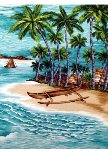 80Uakea - Barkcloth Hawaii Fabrics - Vintage Style Hawaiian Fabrics
 Tropical Hawaiian scenic print ona cotton poplin apparel fabric.
.