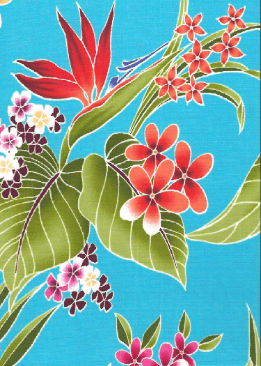 80waina stylized, brightly-colored bird of paradise, naholo
, palm fronds and leaves apparel cotton, Tropical Botanical Vintage Hawaiian Fabric Hawaiian vintage style fabric.