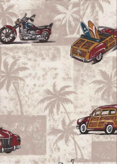 90pihi Tropical Hawaiian cotton apparel fabric with trucks, motorcycles & surfboards.