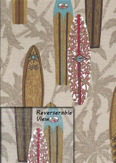 90surfsup Tropical Hawaiian Vintage surfboards, palmtrees, on a taupe beige cotton apparel fabric.