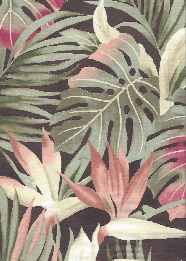 90ukali - Barkcloth Hawaii Fabrics - Vintage Style Hawaiian Botanical Fabric a tropical Bird of paradise, naholo
, and palm fronds on a cotton apparel fabric.