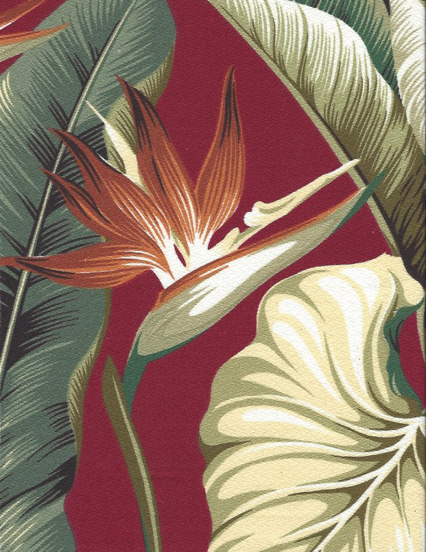 Bird Of Paradise Burgundy Tropical Botanical Vintage Hawaiian Barkcloth Fabric -  with bird of paradise flowers and Leaves on bark crepe textured bark cloth fabric..