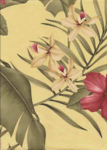 Hamakua Maize Tropical Botanical Vintage Hawaiian Fabric -  upholstery, hibiscus & ginger cotton Hawaiian vintage style fabric.