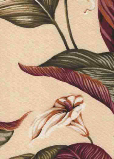 Hoahu Natural Tropical Botanical Vintage Hawaiian Fabric -  Orchids &, Hibiscus on cotton bark crepe textured bark cloth.