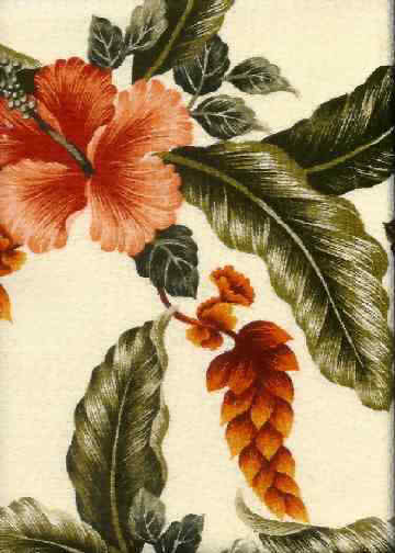 Lalapa Natural Tropical Hawaiian Heliconia & Hibiscus flowers on cotton bark crepe textured bark cloth upholstery fabric.