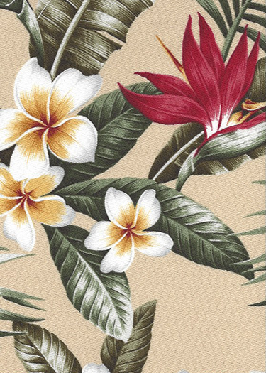 Maunawili Natural Tropical Botanical Vintage Hawaiian Fabric Hawaiian Tropical Botanical Vintage Hawaiian Fabric Hawaiian Vintage Bird Of Paradise with Plumeria Flowers on upholstery or drapery fabric.