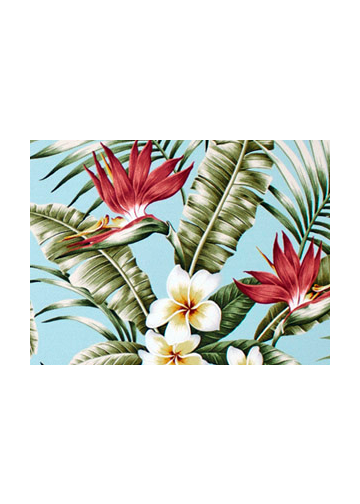 Maunawili Sky Tropical Botanical Vintage Hawaiian Fabric Hawaiian Tropical Botanical Vintage Hawaiian Fabric Hawaiian Vintage Bird Of Paradise with Plumeria Flowers on upholstery or drapery fabric.