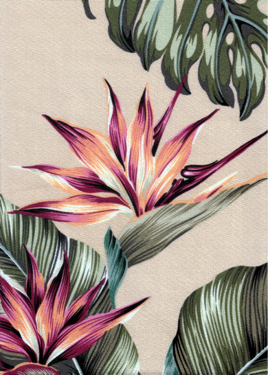 Mohala Taupe Tropical Botanical Vintage Hawaiian Fabric Tropical Botanical Vintage Hawaiian Fabric leafy, bird of paradise bark crepe upholstery fabric.