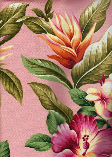 Olelo Coral - a Tropical Botanical Vintage style Hawaiian Fabric with Hibiscus, plumeria, ginger, and leaves. A floral print on a cotton upholstery barkcloth..