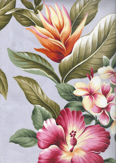 Olelo Lave - a Tropical Botanical Vintage style Hawaiian Fabric with Hibiscus, plumeria, ginger, and leaves. A floral print on a cotton upholstery barkcloth..