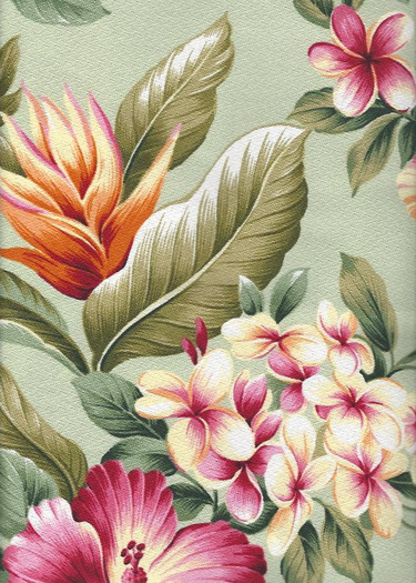 Olelo Sage - a Tropical Botanical Vintage style Hawaiian Fabric with Hibiscus, plumeria, ginger, and leaves. A floral print on a cotton upholstery barkcloth.