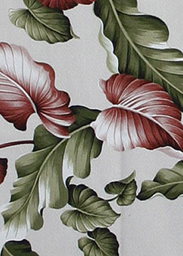 Princeville Tropical Hawaiian Leafy Pattern on a bark crepe textured bark cloth fabric.