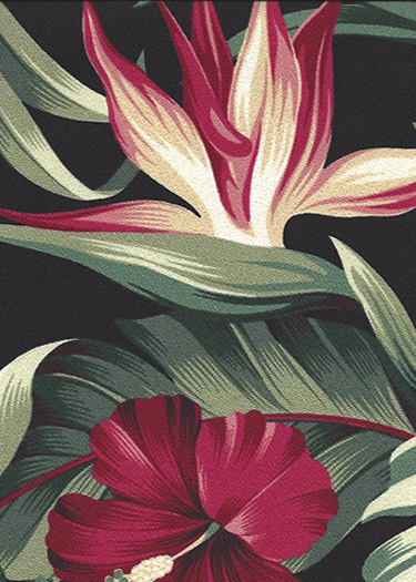 Puahi Black - a Tropical Botanical Vintage style Hawaiian Fabric with Hibiscus and Bird of Paradise flowers. A floral print on a cotton upholstery barkcloth..