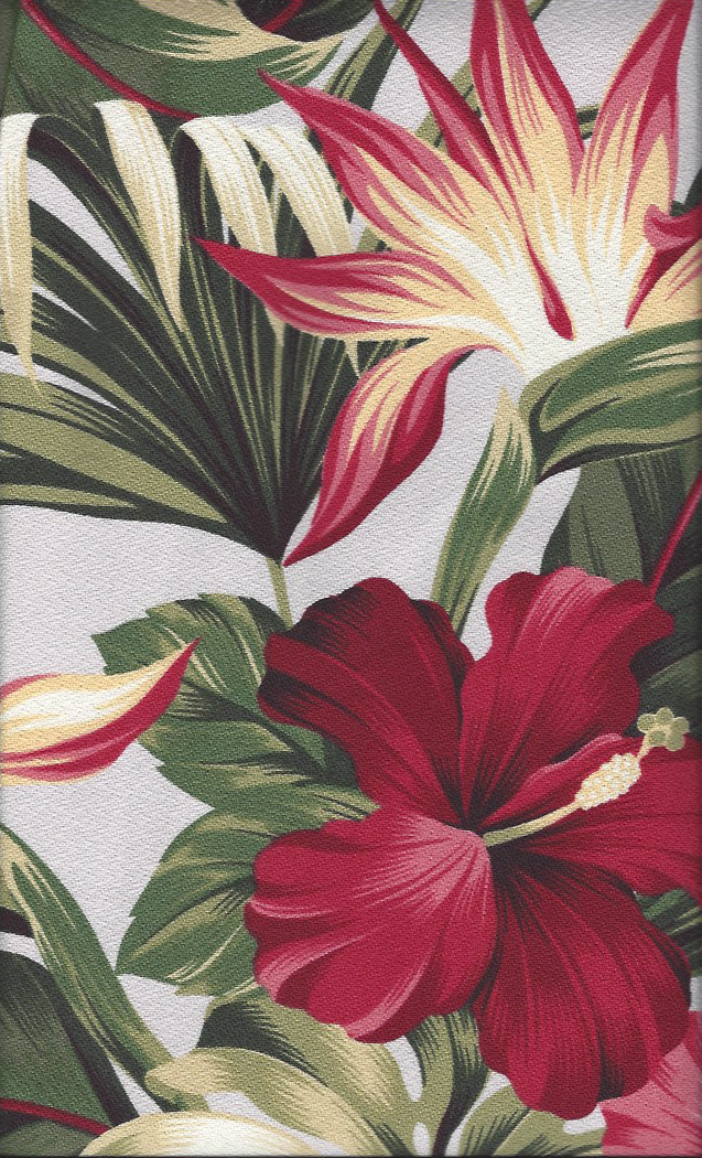 Puahi Mauve - a Tropical Botanical Vintage style Hawaiian Fabric with Hibiscus and Bird of Paradise flowers. A floral print on a cotton upholstery barkcloth..