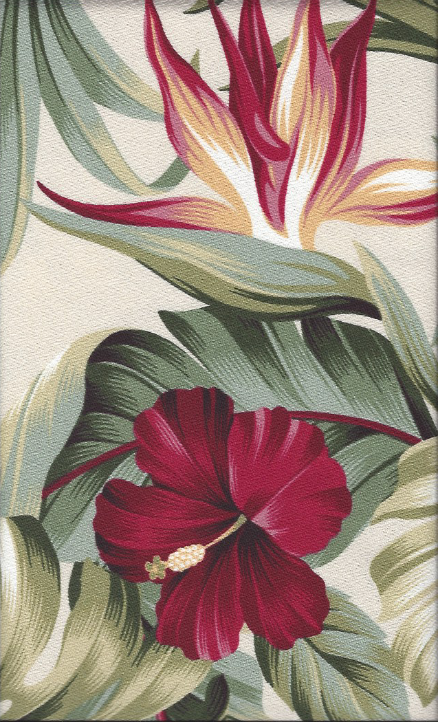 Puahi Natural - a Tropical Botanical Vintage style Hawaiian Fabric with Hibiscus and Bird of Paradise flowers. A floral print on a cotton upholstery barkcloth..