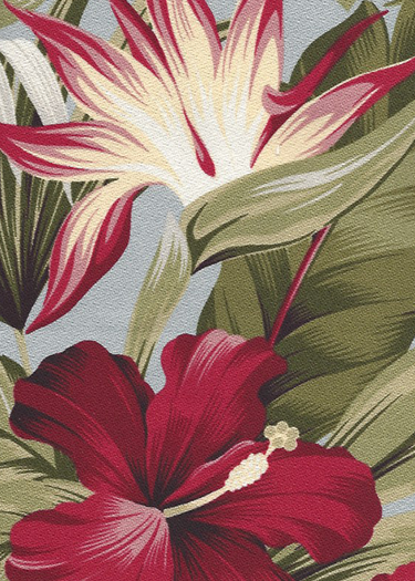Puahi Slate - a Tropical Botanical Vintage style Hawaiian Fabric with Hibiscus and Bird of Paradise flowers. A floral print on a cotton upholstery barkcloth..
