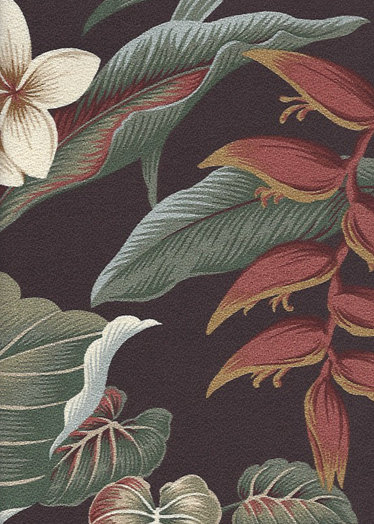 NWaipahe'e Chocolate Tropical Hawaiian Heliconia and Plumeria Flowers on a nubby textured upholstery weight bark cloth fabric..
