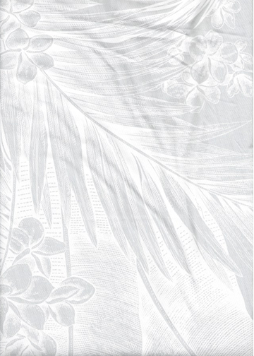 White on white All-Over. Tonal, large-scaled tropical leaves and ferns with little clusters of plumeria (frangipani).
