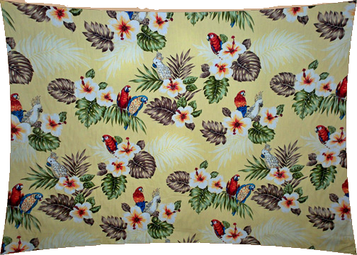 50pueo Tropical Hawaiian yellow,parots, hibiscus,birds, apparel cotton Hawaiian vintage style fabric.