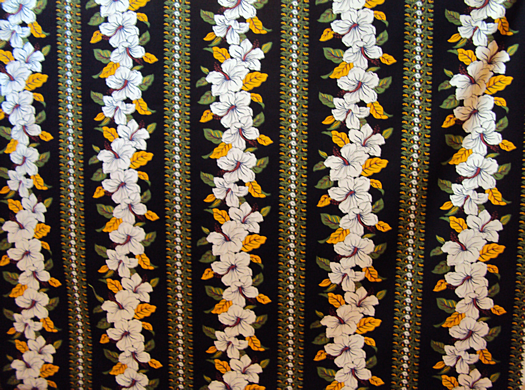 10ana black background panel vintage style Hawaiian lei style with hibiscus flowers - cottomn poplin.