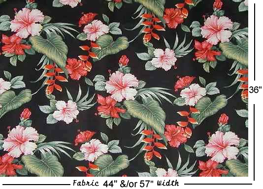 10anea Tropical Hawaiian non-upholstery barkcloth, heliconia & hibiscus flowers.