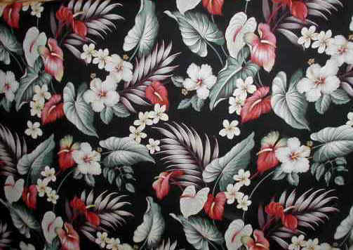 Anthurium Black Hawaiian Bark cloth Tropical Hawaiian anthurium & plumeria flowers..