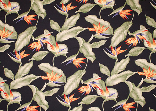 10bahama breeze bird of paradise flowers on a black, Hawaiian vintage 55 inch width black backround non-upholstery barkcloth fabric