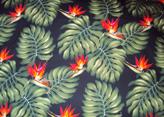 Vintage Style Hawaiian Fabrics
 Tropical Botanical Vintage Hawaiian Barkcloth Fabric -  bird of paradise flowers,& monstera leaves on a cotton apparel fabric.