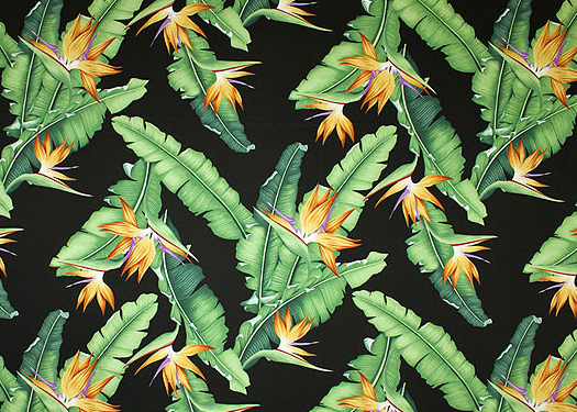 10eleu Tropical Hawaiian Bird of paradise with banana leaves.  
 - cotton barkcloth fabric.