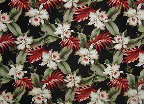 Tropical Hawaiian vintage orchid flowers, cotton non-upholstery barkcloth fabric.