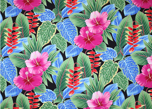 10ho'oni Vintage Style Hawaiian Large scale, colorful hibiscus, heliconia, 
				and various tropical ferns and leaves, on a cotton poplin apparel fabric.