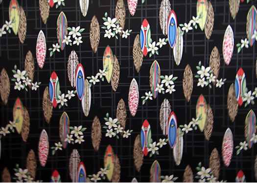 10huahina Tropical Hawaiian Vintage surfboards, plumeria flowers, on a plaid cotton apparel fabric..