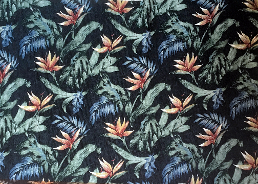 10kamakoi Tropical Hawaiian Tropical Vintage Bird Of Paradise on a black rayon fabric.