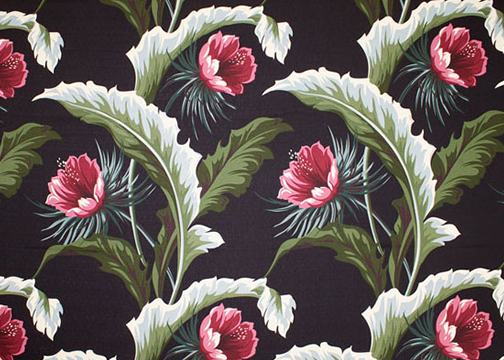 10kapalua Tropical Botanical Vintage Hawaiian Fabric night blooming cereus flowers with banana leaves -  non-upholstery cotton barkcloth fabric.