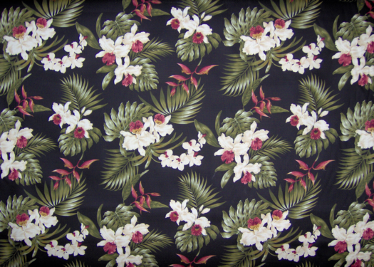 10kohala Tropical Botanical Vintage Hawaiian Fabric fabric, orchid & heliconia flowers - black cotton barkcloth fabric.