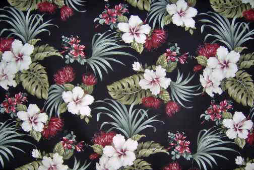 10lehua Tropical Hawaiian hibiscus, plumeria & lehua flowers on a cotton non-upholstery 
		barkcloth fabric - Hawaiian vintage style fabric.
